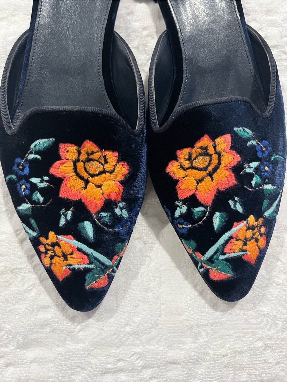 J. Crew Velvet Pointed Toe Mules - Navy with Floral Embroidery
